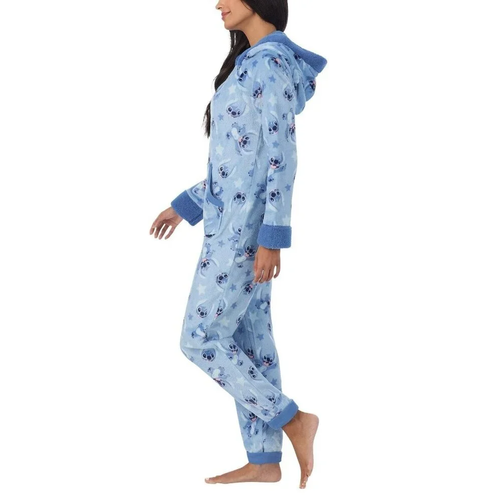 Disney Women's Stitch One-Piece Pajama Hooded Fleece Small Blue N0461 - Picture 3 of 9